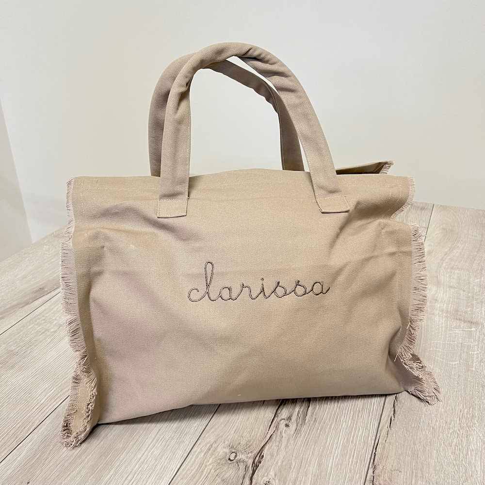 Borsa mare frange tortora personalizzata