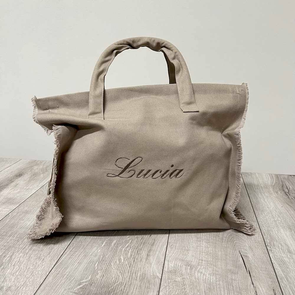 Borsa mare frange tortora personalizzata
