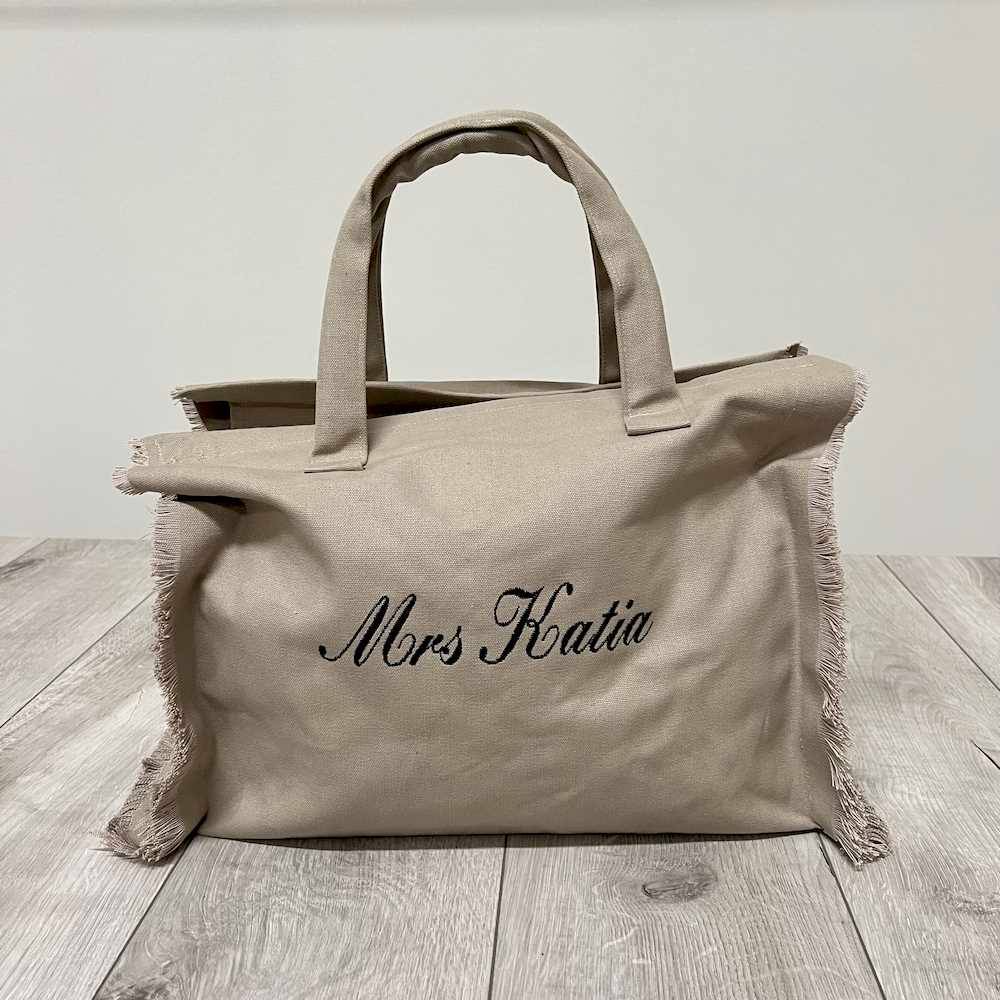 Borsa mare frange tortora personalizzata