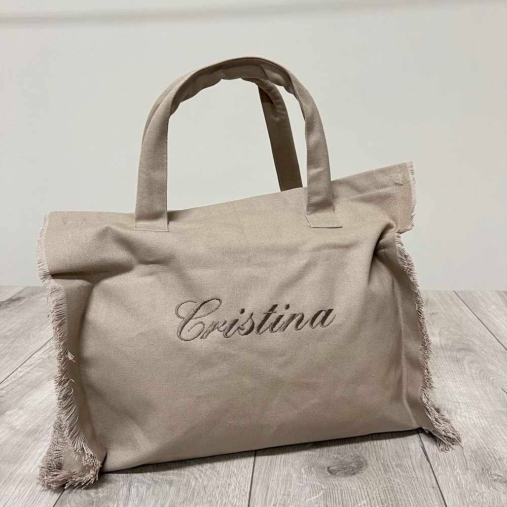 Borsa mare frange tortora personalizzata