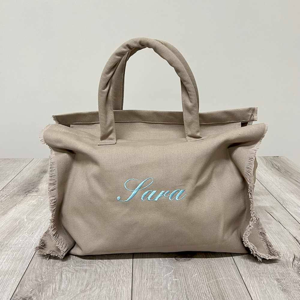 Borsa mare frange tortora personalizzata