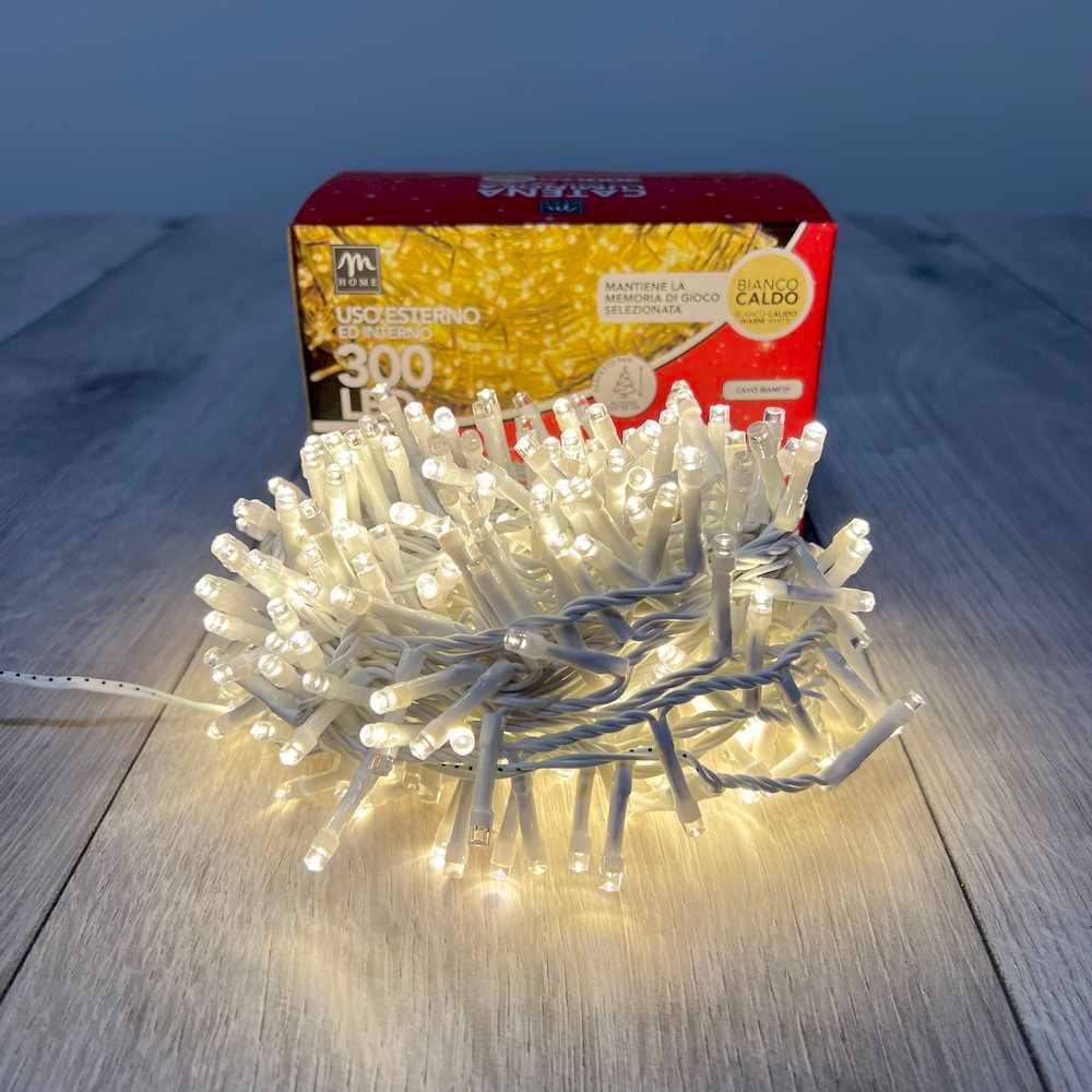 Catena luminosa interno/esterno bianco caldo 300 led filo bianco