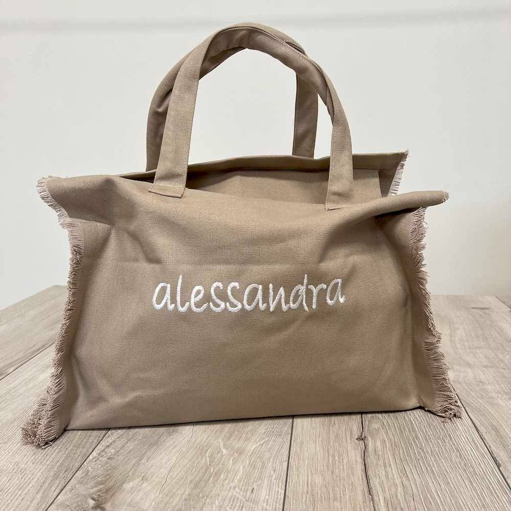 Borsa mare frange tortora personalizzata