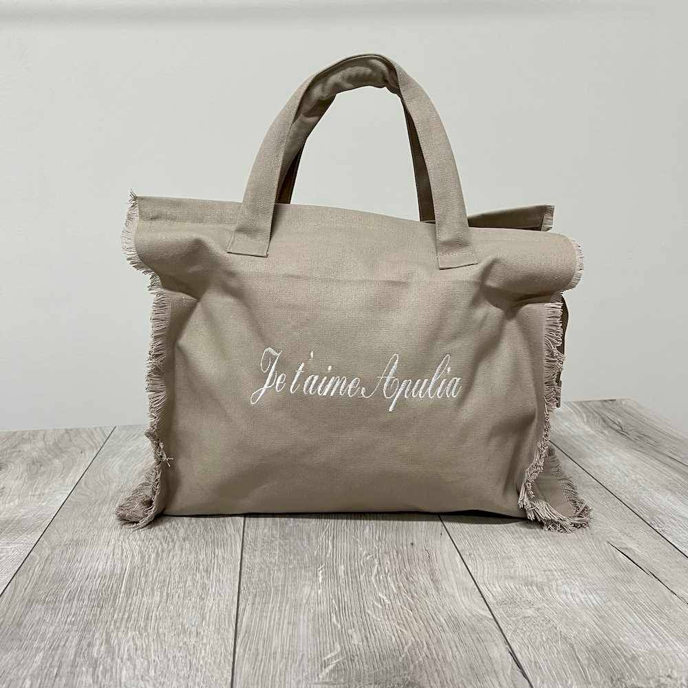 Borsa mare frange tortora personalizzata